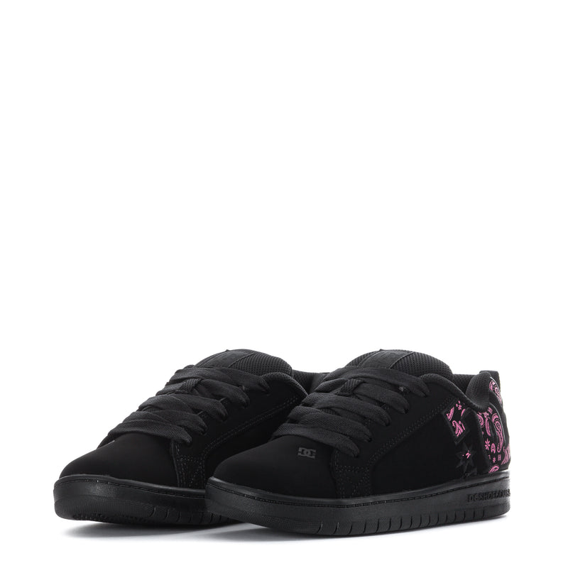 Youth black court sneakers with pink graphic on heel and side, lace-up