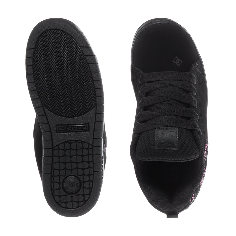 Youth black court sneaker outsole and heel view with tread