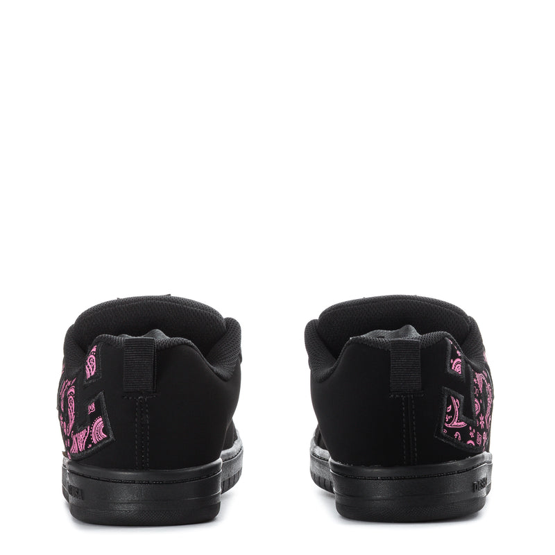 Youth black court sneakers with pink heel graphic, rear view