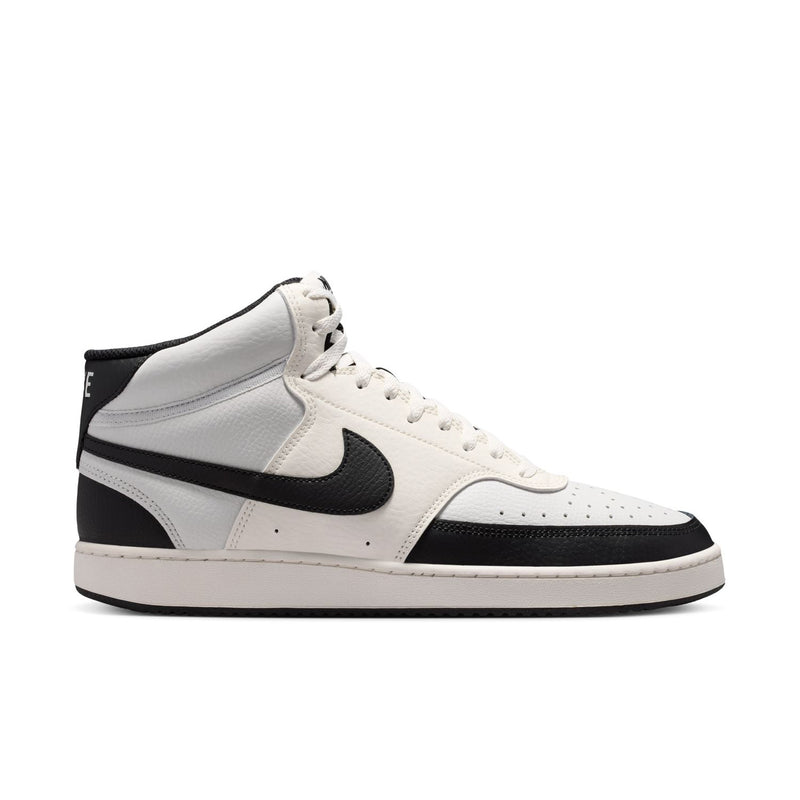 Men's mid-top sneakers, off-white leather-look with black swoosh and lace-up.