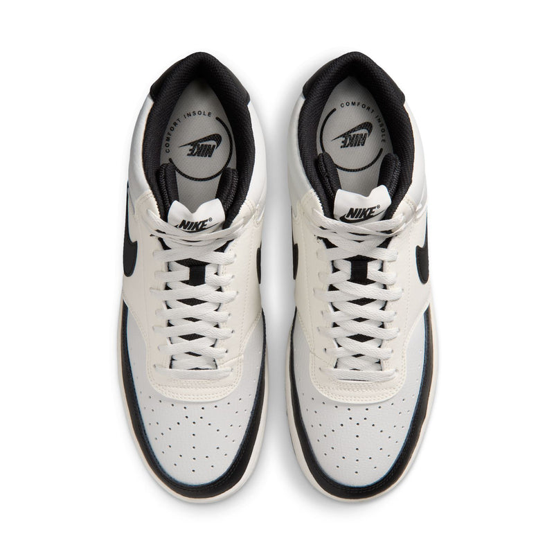 Men's mid-top sneakers in off-white with black accents, lace-up design.