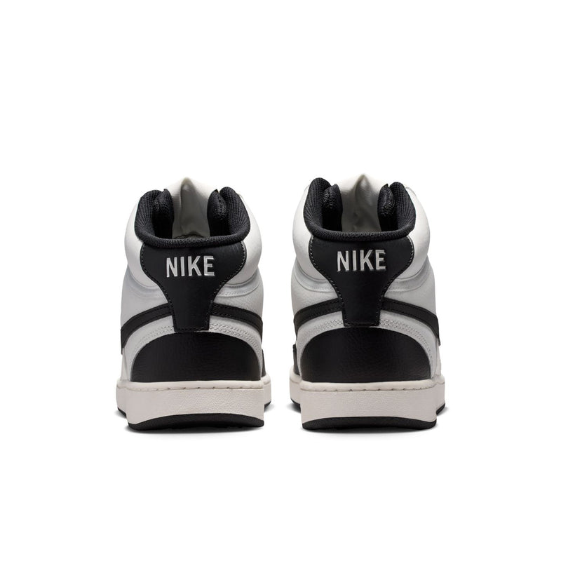 Men's mid-top sneakers, black heel collar with white and black back panels.