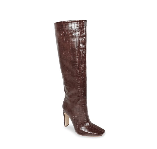Crocodile Embossed Chunky Heeled Boots Tequila-1