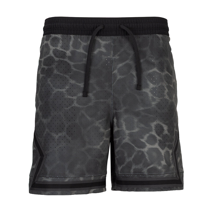 Men's black athletic shorts with diamond-pattern allover print and elastic waistband