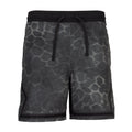 Men's black athletic shorts with diamond-pattern allover print and elastic waistband