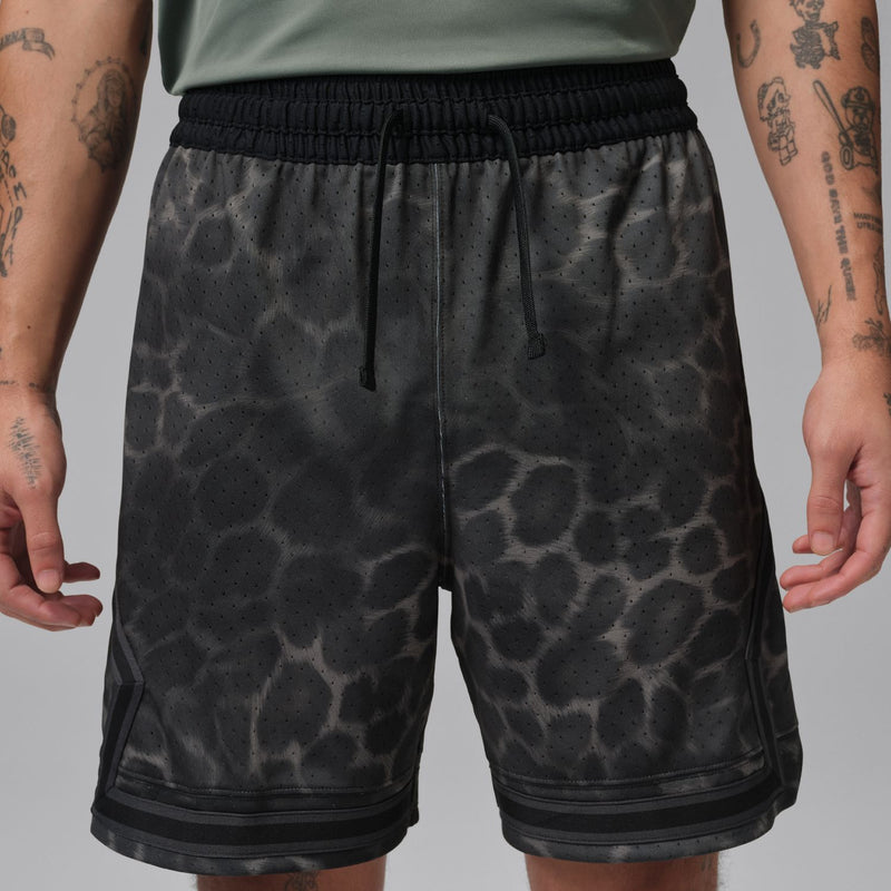 Men's black diamond-print shorts with elastic waistband and adjustable drawstring