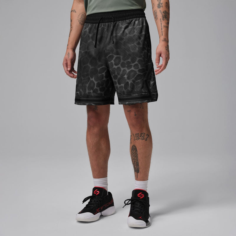 Men's black diamond-pattern shorts, side view, elastic waistband and drawstring