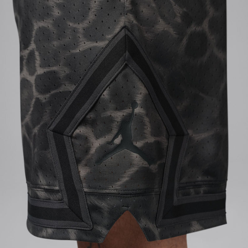 Men's black diamond-print shorts with wide V-shaped applique on front hem