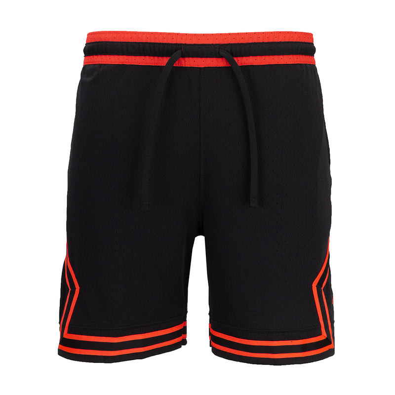 Men's black athletic shorts with drawstring, red waistband stripe, and red trim edges