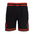 Men's black athletic shorts with drawstring, red waistband stripe, and red trim edges
