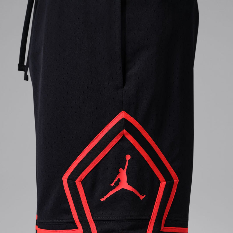 Men's black diamond-mesh shorts with red chevron Jumpman logo on front