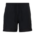 Men's black woven shorts with elastic waistband, drawstring, and side pockets