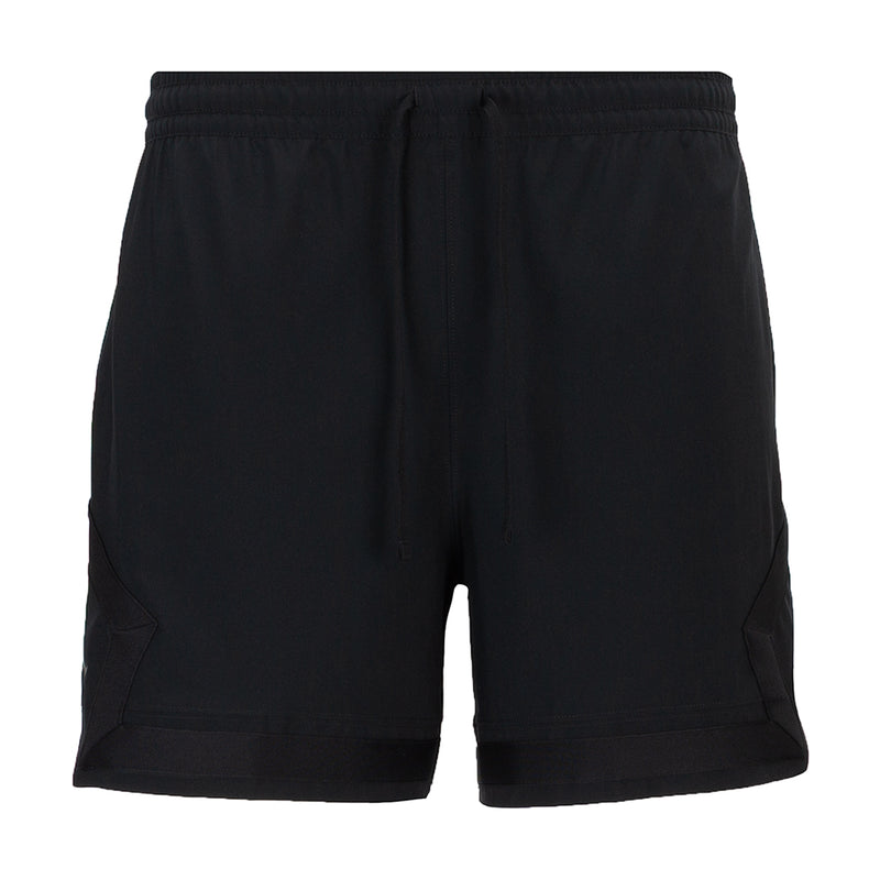 Men's black woven shorts with elastic waistband, drawstring, and side pockets