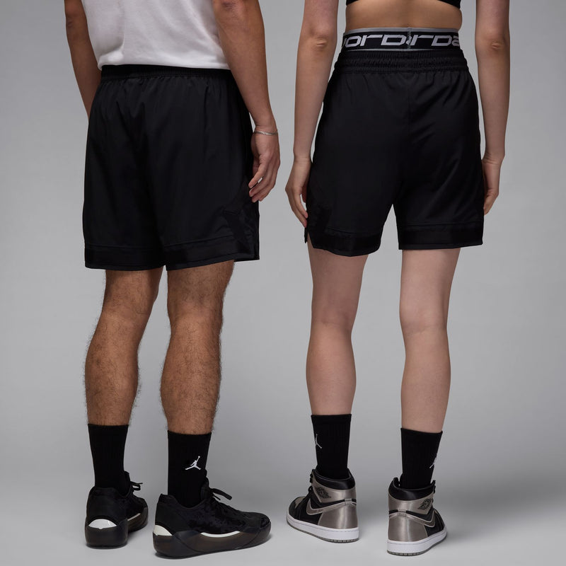 Men's black woven shorts, back view with elastic waistband and two-leg seam