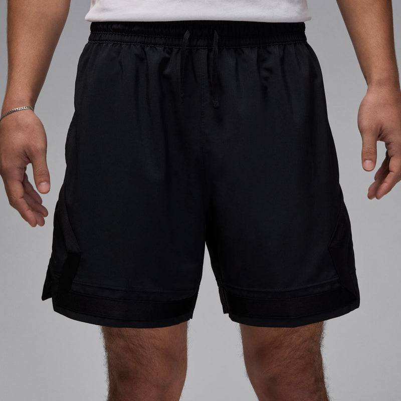 Men's black woven shorts with elastic waistband and side cargo-style pockets
