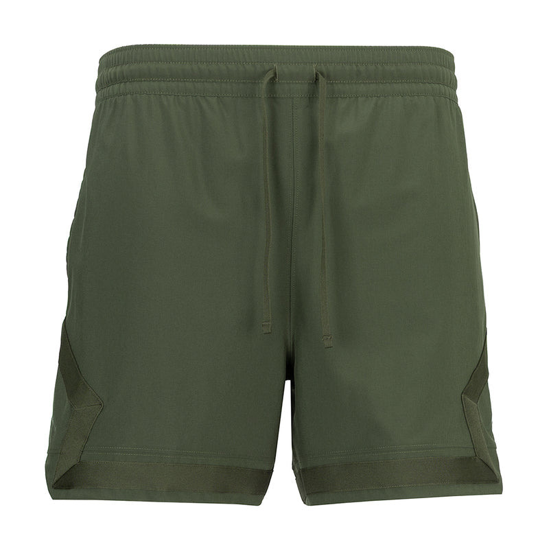 Men's woven cargo shorts in olive, elastic waist with drawstring and side pocket details