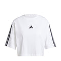 White women's loose t-shirt with black 3-stripe sleeves and small adidas logo