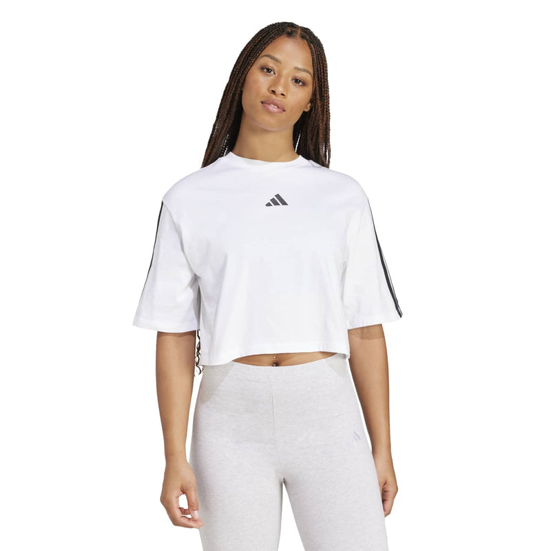 Women's loose white t-shirt with black 3-stripe sleeves and adidas logo, cropped hem