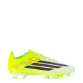 Youth soccer cleat in bright yellow with black and red stripes, low-cut FG studs