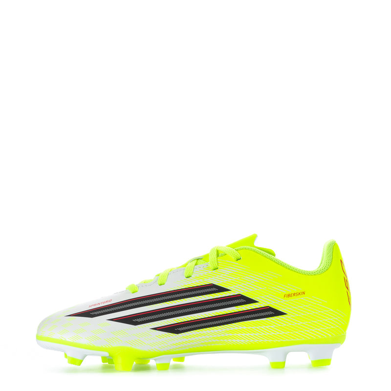 Youth soccer cleat bright yellow with black stripes and lime outsole, FG studs