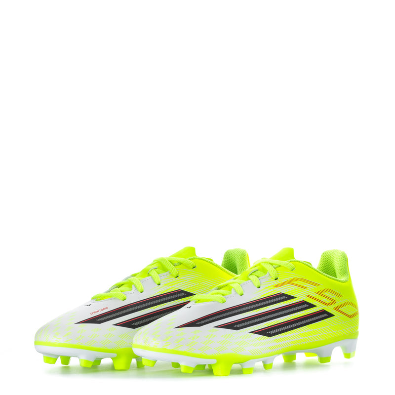 Youth soccer cleat bright yellow with diagonal black graphic and red trim, FG studs