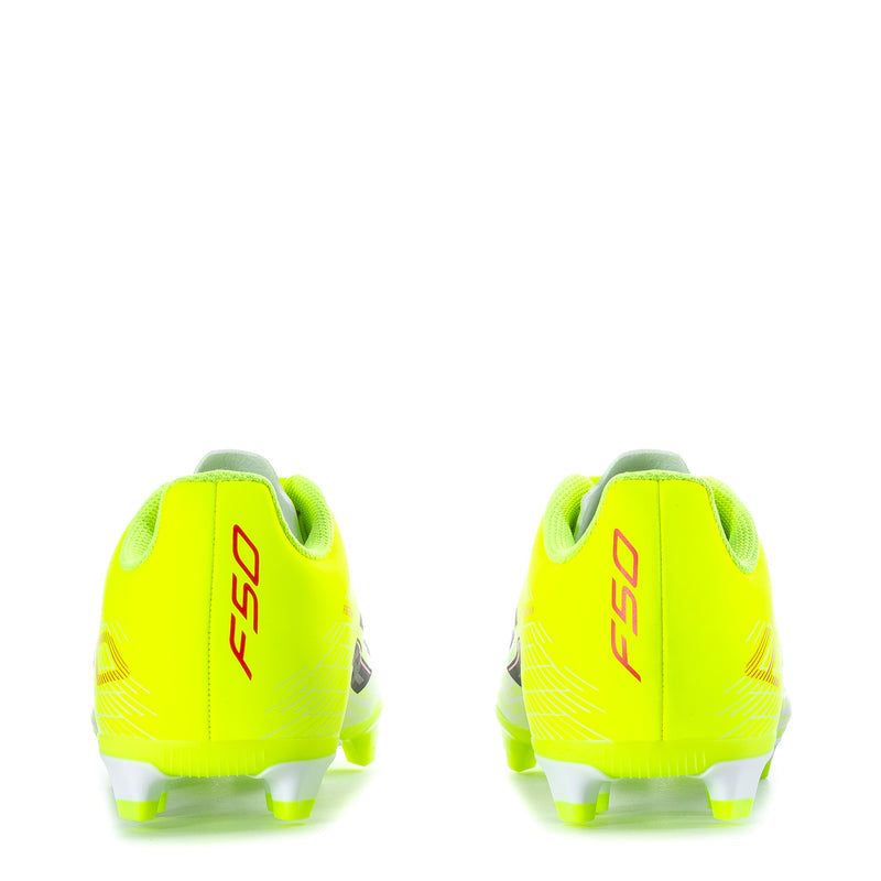 Youth soccer cleat heel in bright yellow with red logo, FG studs visible