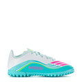 Kids soccer cleat, white upper with aqua laces and sole; “MESSI” graphic on side