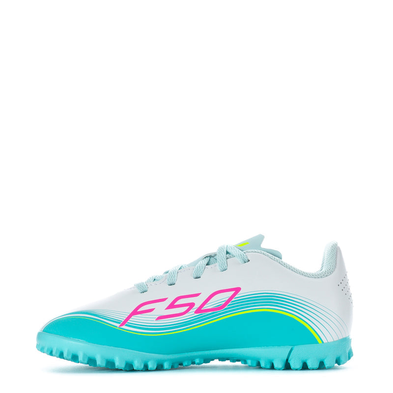 Kids soccer cleat, white upper with aqua sole and laces; “F50” logo on side