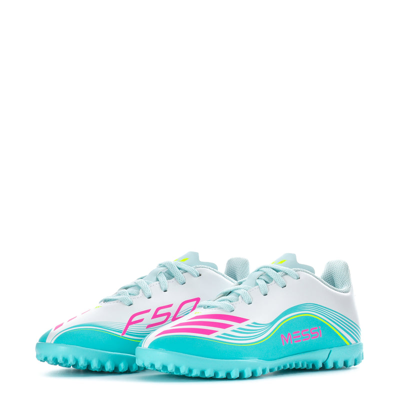 Kids soccer cleats pair, white with aqua outsole and laces; “F50” and “MESSI” branding
