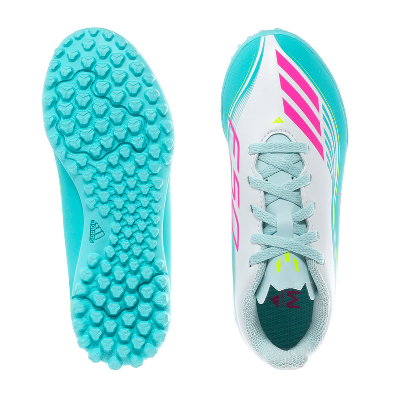 Kids soccer cleat outsole and profile, white upper with aqua studs and lace-up vamp