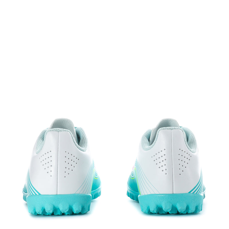Kids soccer cleat heels, white uppers with aqua backs and turquoise rubber outsole