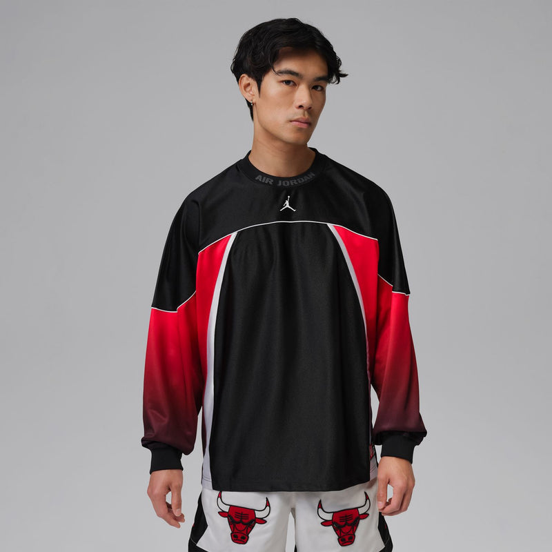 Men's black-and-red jersey with white trim, ribbed collar and Air Jordan-style chest graphic