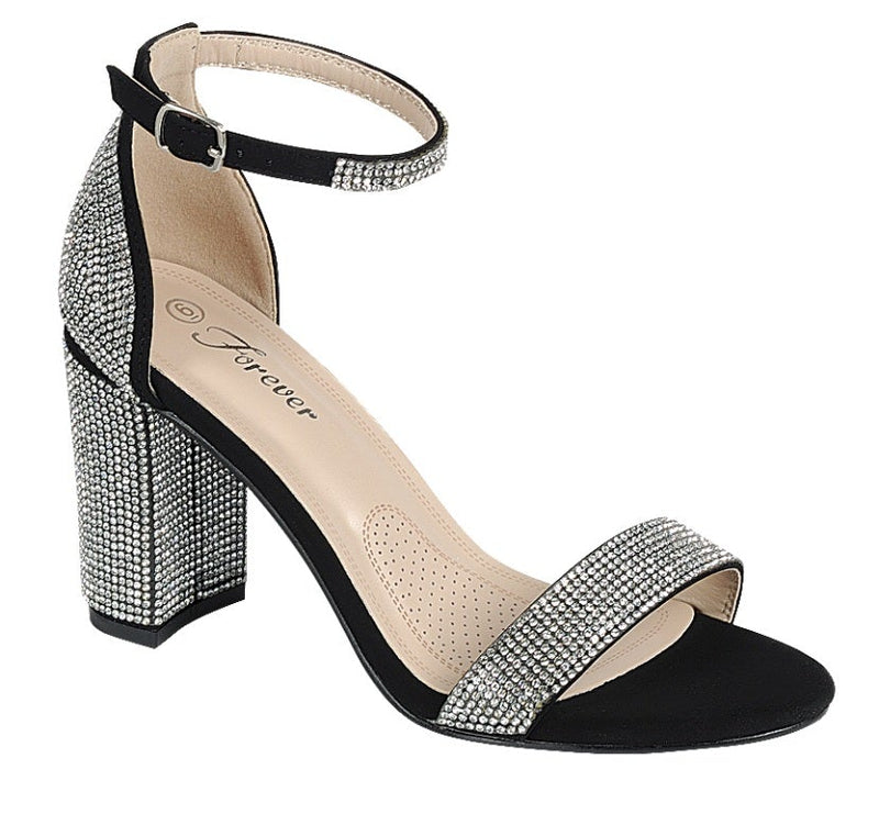 Black  Glitter Rhinestones Ankle Strap Chunky Pumps Sandals