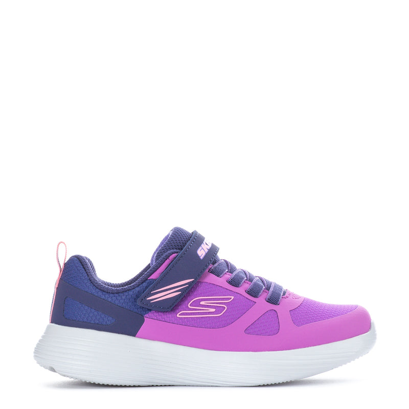 Kids running shoes in purple and navy with lace-up closure and cushioned white sole