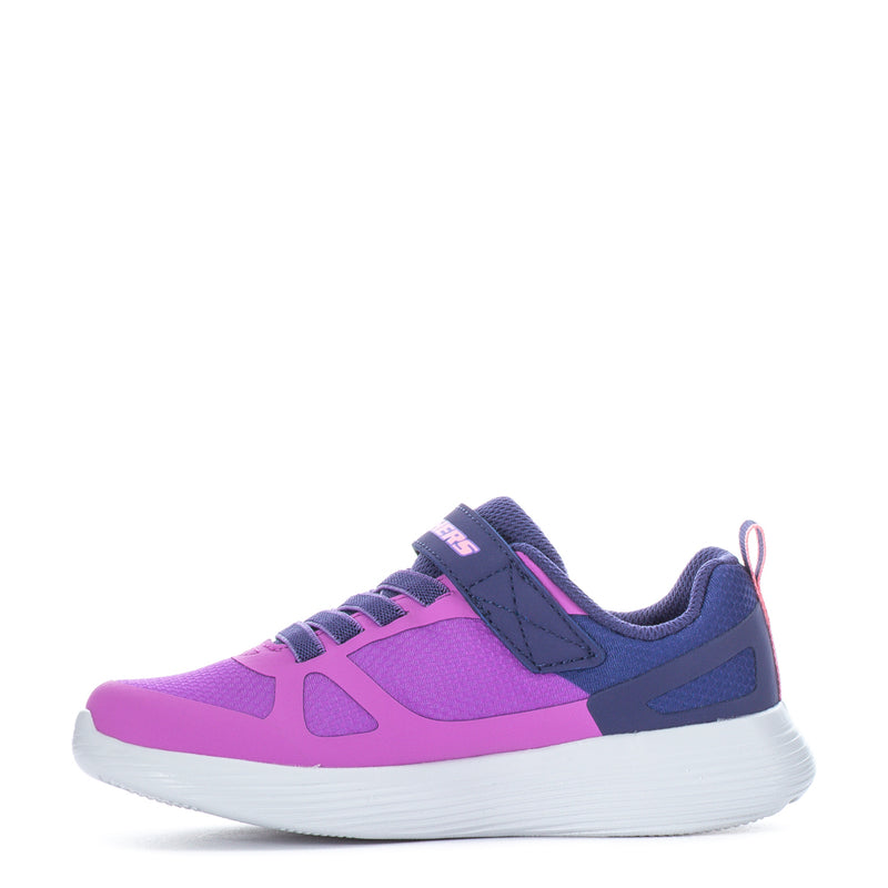 Kids running shoes, purple upper with navy accents, lace-up, white midsole