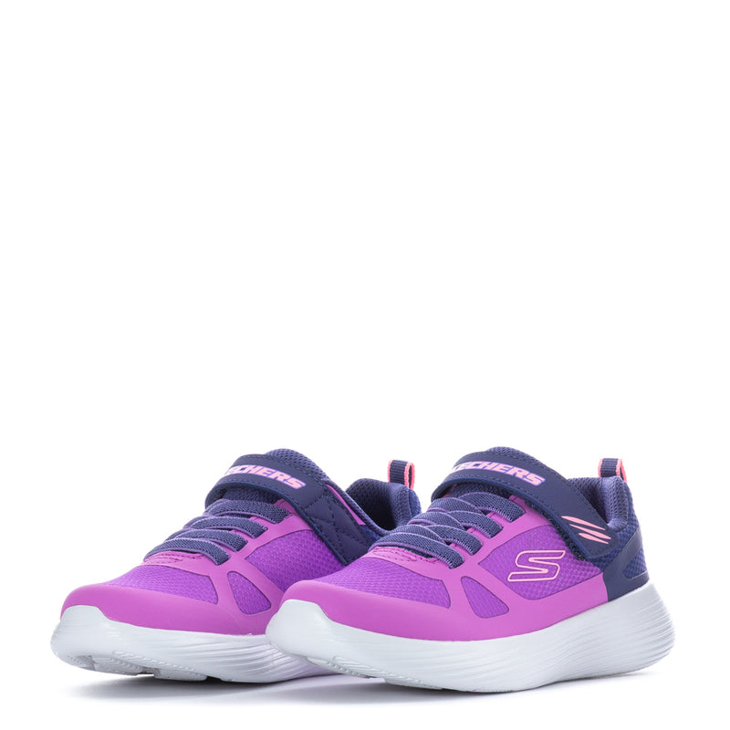 Pair of kids running shoes in purple and navy with padded tongue and lace-up