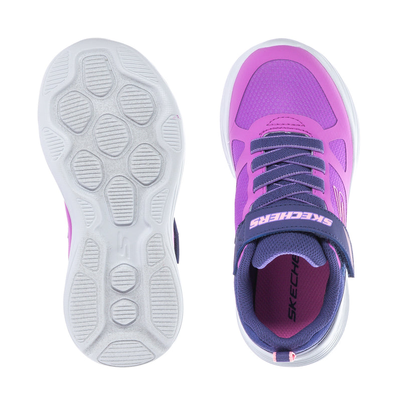 Kids running shoe soles: treaded white outsole and purple interior lining