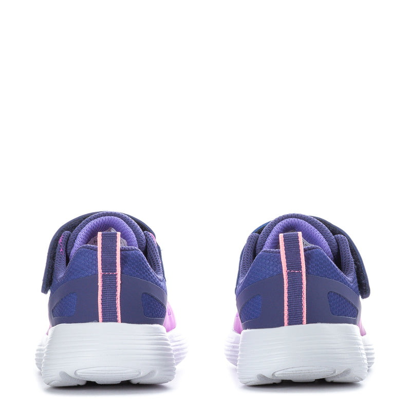 Kids running shoes heel view, purple back with navy panels and white cushioning