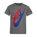 Kids' graphic tee in carbon heather gray with large Nike-style swoosh graphic, red and blue.