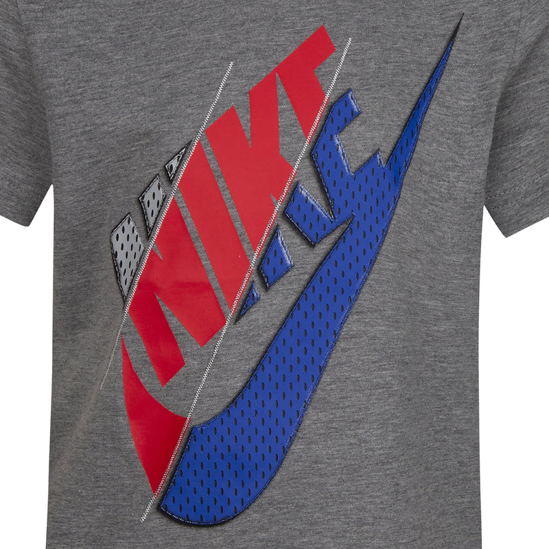 Kids' carbon heather gray graphic tee close-up of red and blue swoosh-style print on front.