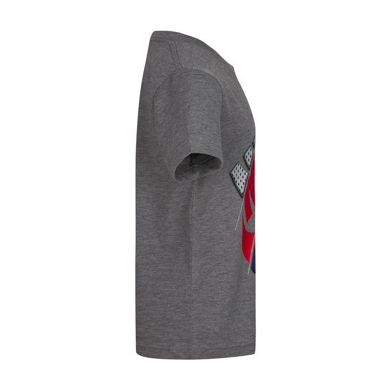Kids' carbon heather gray graphic tee, side view with partial front print visible.