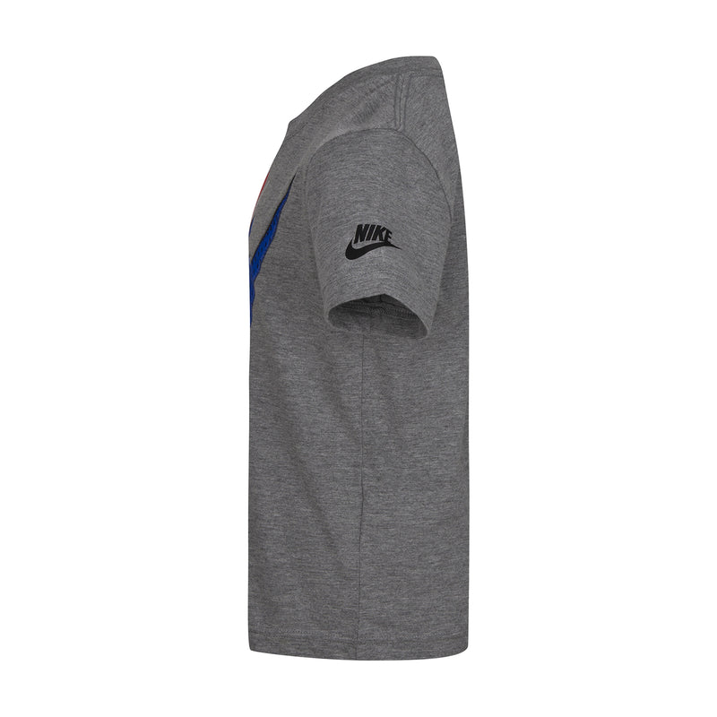 Kids' carbon heather gray graphic tee, side view with small Nike logo on sleeve.