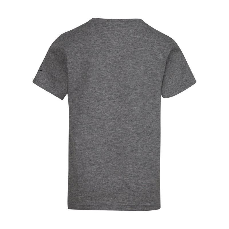 Kids' carbon heather gray graphic tee, plain back view with crew neck and short sleeves.