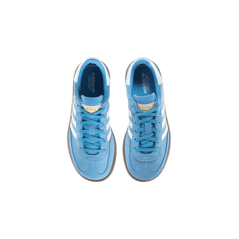 Kids light blue lace-up adidas Spezial sneakers showing tongues and white stripes