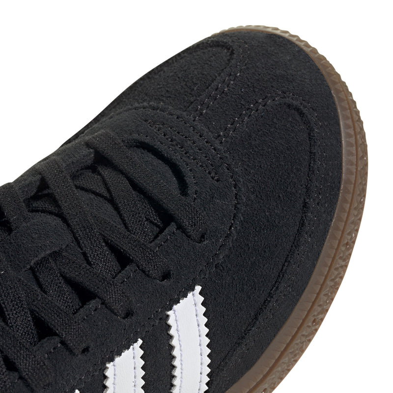 Kids adidas Spezial sneaker toe, black suede texture with black laces and white stripes
