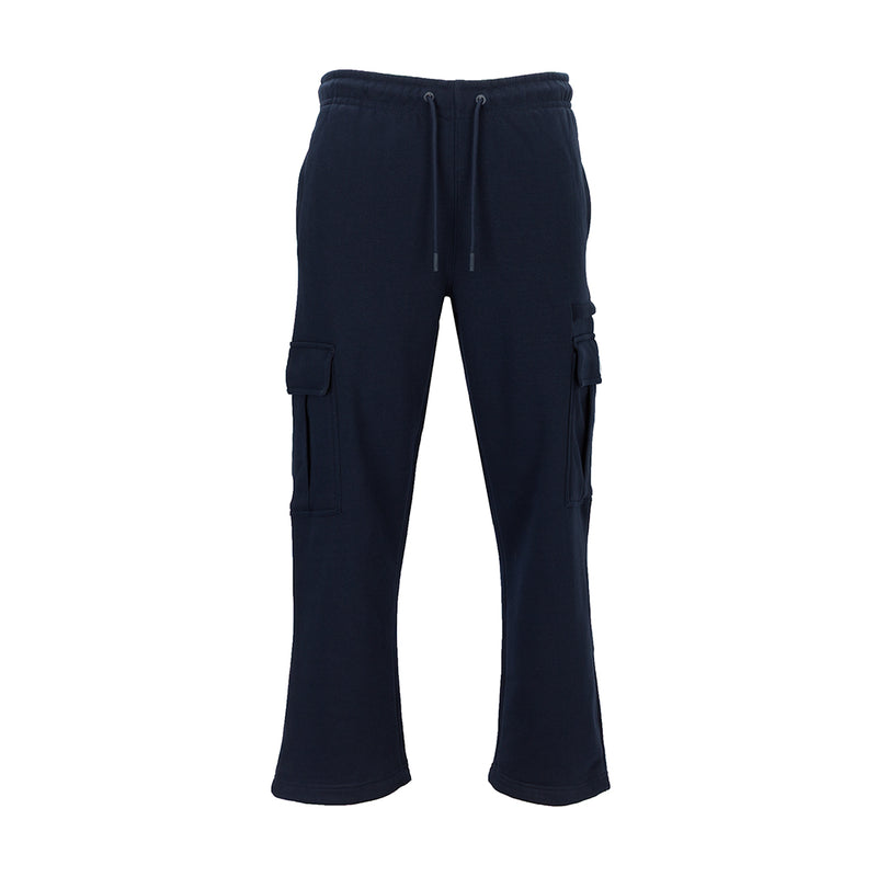 Navy open-hem cargo sweatpants with drawstring waist and side pocket detail
