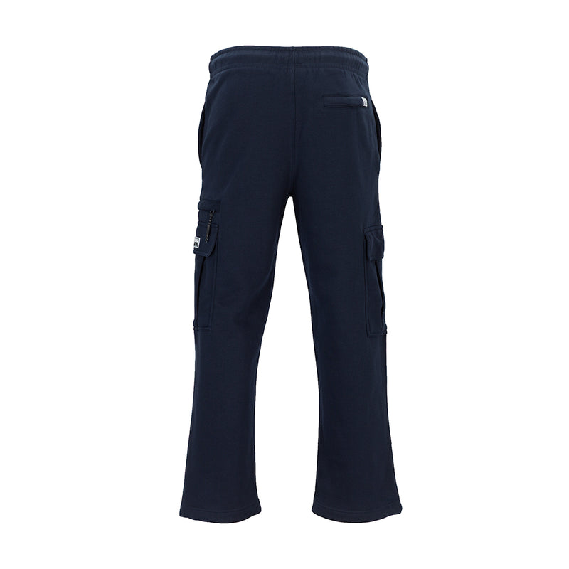 Navy cargo sweatpants with adjustable side pockets and drawstring waistband