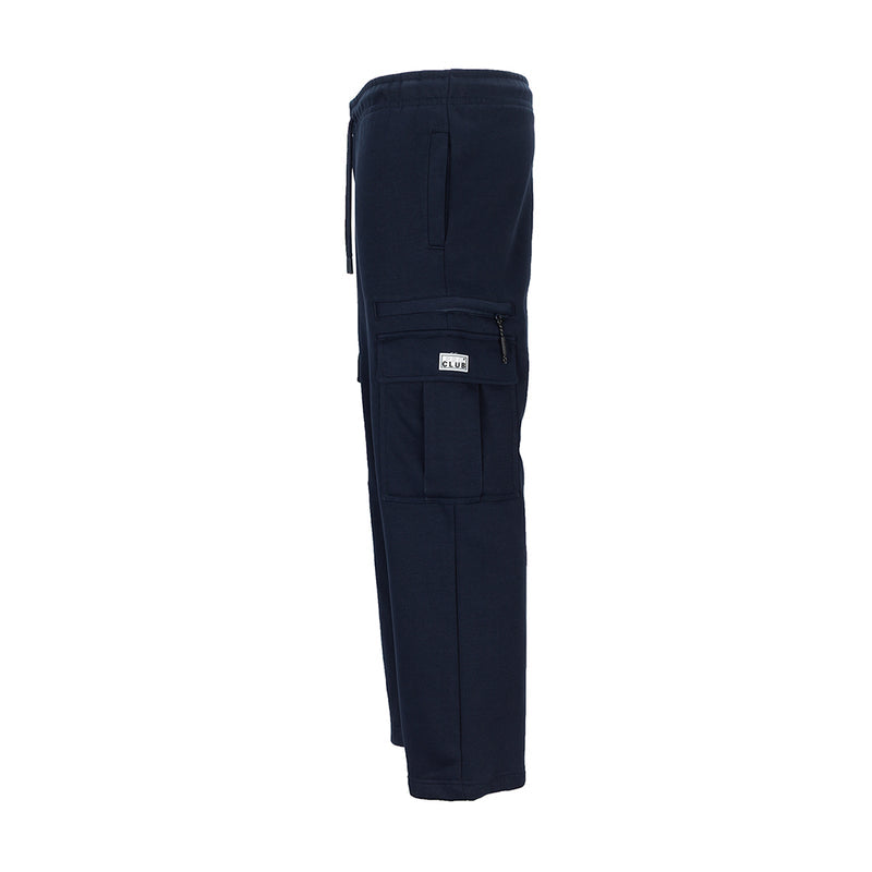 Navy cargo sweatpants with leg flap pocket and open-hem cuff