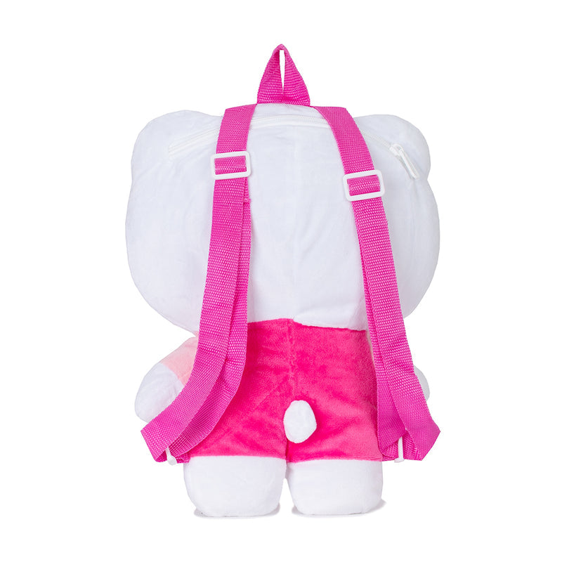 Hello Kitty plush backpack back view, pink adjustable straps on white plush body