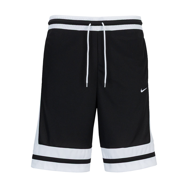 Black and white basketball shorts with drawstring elastic waistband and Nike swoosh